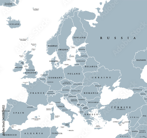Europe with a part of the Middle East, gray political map. Western part of the continent Eurasia, located in the Northern Hemisphere. Countries with international borders and English labeling. Vector