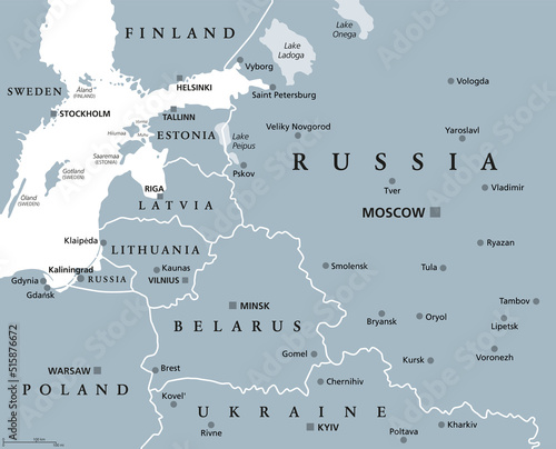 Baltic States and Kaliningrad Oblast, gray political map. From Finland to Estonia, Latvia and Lithuania to Poland, and from the Russian exclave Kaliningrad, to Belarus and the European Part of Russia.