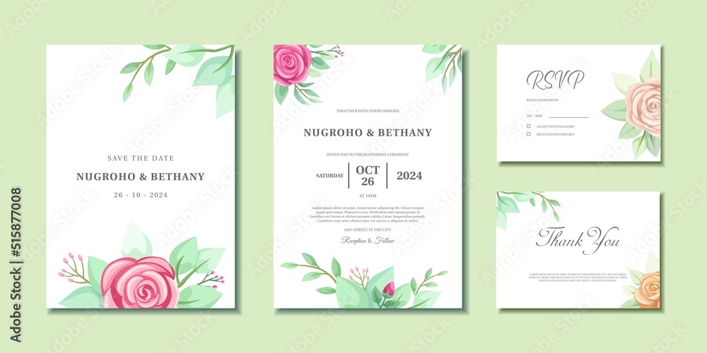 Wedding invitation with beautiful pink rose bouquet and leaves. Wedding invitation, Thank you card and RSVP with rose flower bouquet.
