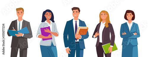 Business people set. Men and women involved in office activities. Businessman and businesswoman in flat cartoon style