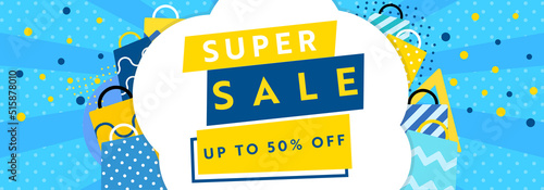 シンプルで可愛いスーパーセールバナー広告テンプレート（青）　Simple and cute super sale banner ad template (blue)