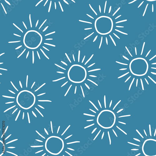 Blue seamless pattern with white outline sun. © FRESH TAKE DESIGN