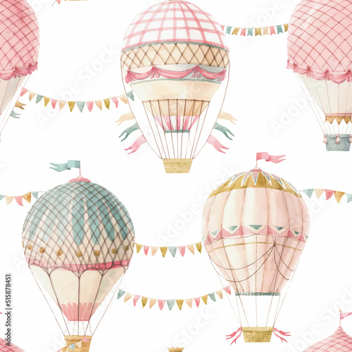 Beautiful vector seamless pattern with cute watercolor hand drawn retro vintage air balloons with flags. Stock illustration.