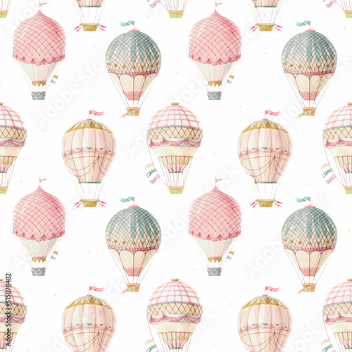 Beautiful vector seamless pattern with cute watercolor hand drawn retro vintage air balloons with flags. Stock illustration.