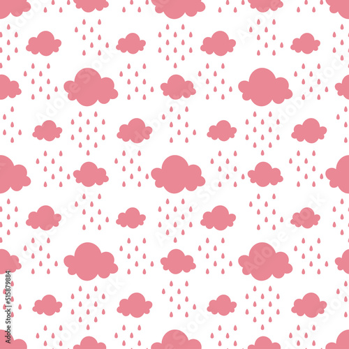 Seamless pattern with pink clouds and raindrops. Cute and childish design for fabric, textile, wallpaper, bedding, swaddles or gender-neutral apparel.