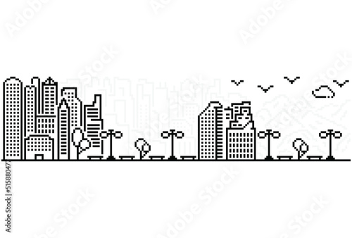 City skyline vector illustration in pixel style.
