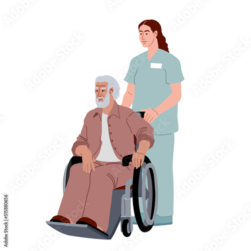 A nurse is wheeling an old man in a wheelchair. A smiling pensioner in the hospital. Vector illustration isolated on a white background in a cartoon and flat design.