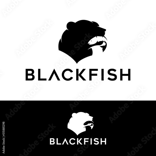 bear eat fish logo mascot vector illustration