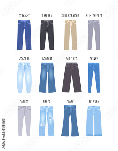 Jeans styles for men. Jean pants of different fit. Male denim trousers guide. Flat vector illustration. Straight fit, wide leg, slim and skinny, joggers, relaxed style, boot cut jeans, carrot model