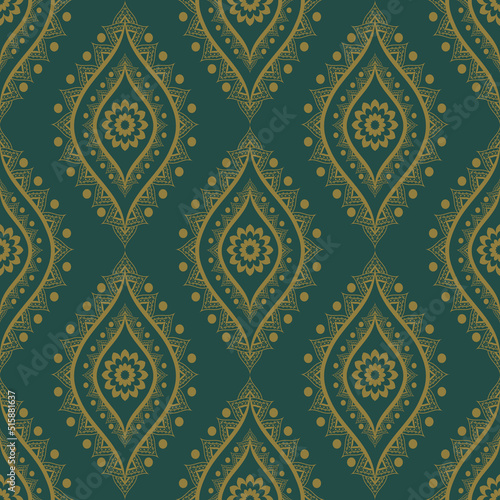 Ethnic Indian retro green-gold color flower shape seamless pattern background. Use for fabric, textile, interior decoration elements, upholstery, wrapping.