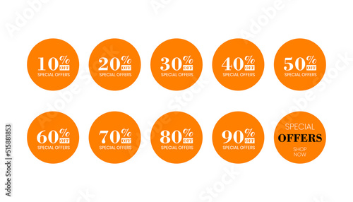 set of sale off percentage with special offers and round shape sticker, tag, label, badge in vector
