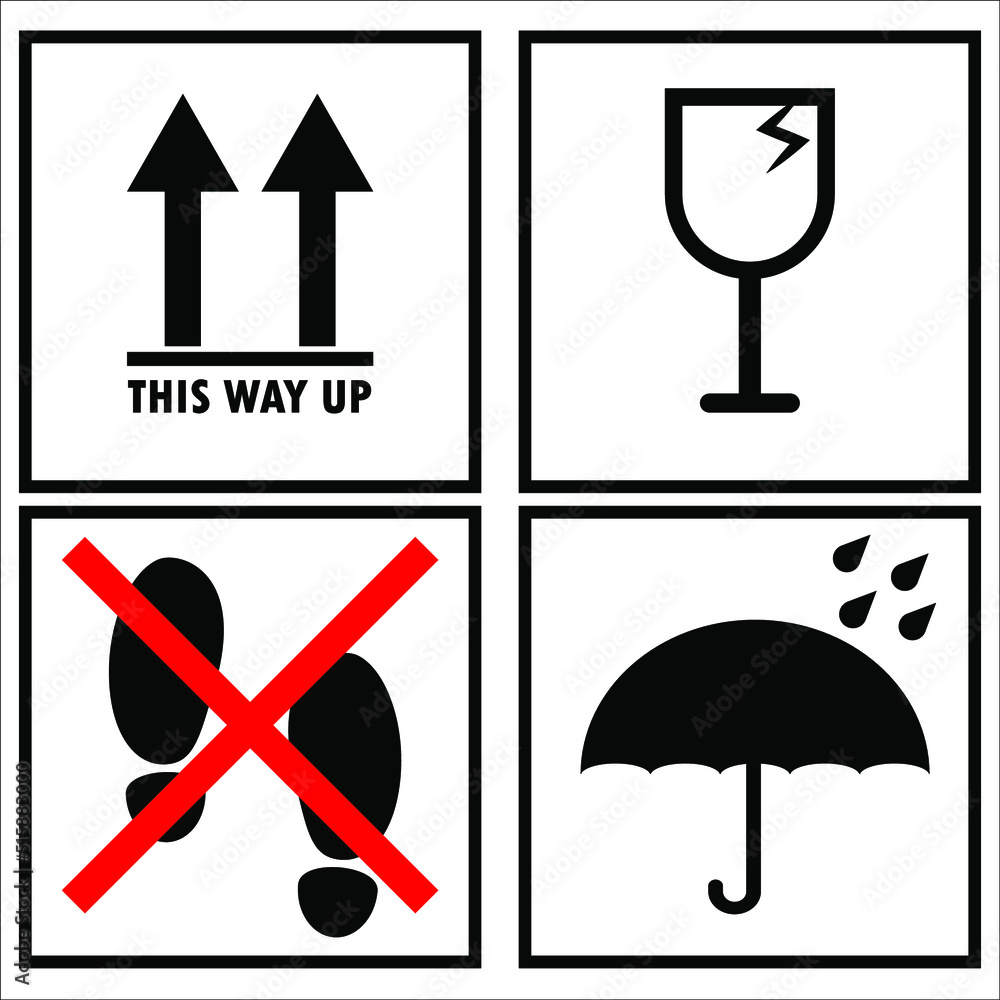 Logistics shipping symbols for cargo packaging in the form of stamps for wooden, and cardboard boxes. Means This way up, Fragile, no stepping on and Keep dry. Logistics shipping symbols for cargo packaging in the form of stamps for wooden, and cardboard boxes. Means This way up, Fragile, no stepping on and Keep dry.