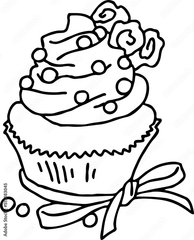 Sweet tasty dessert cupcake with cream and deco for morning breakfast in café or restaurant. Mini birthday cake for pleasure. Hand drawn retro vintage vector illustration. Old style line drawing. Sweet tasty dessert cupcake with cream and deco for morning breakfast in café or restaurant. Mini birthday cake for pleasure. Hand drawn retro vintage vector illustration. Old style line drawing.
