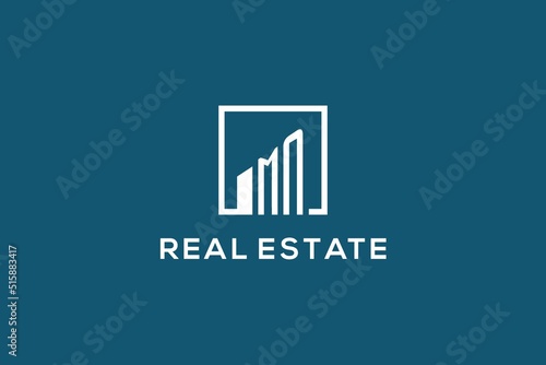 Letter MN square line with building logo design, creative monogram logo style for real estate company
