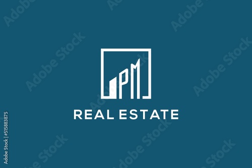 Letter PM square line with building logo design, creative monogram logo style for real estate company