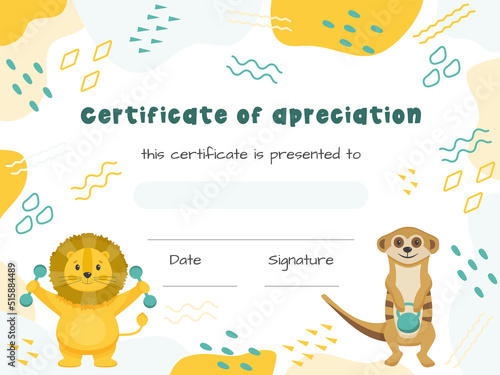 Sports team award, diploma for participation in sport kompetition with cute charakters, animals. Sport achievement. Certificate template for sportive children in the sport sections.