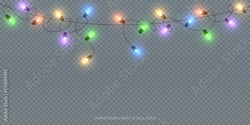 Festive Christmas light multicolored garlands PNG. Decor element for postcards, invitations, backgrounds, business cards. Winter new collection 2023.	
