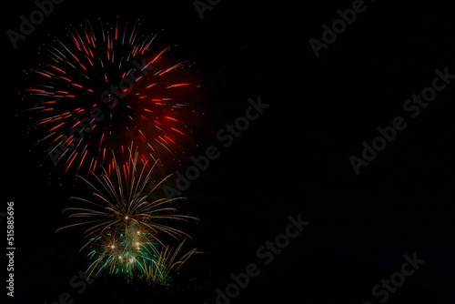 Colorful fireworks celebration in the night sky with free space for text 