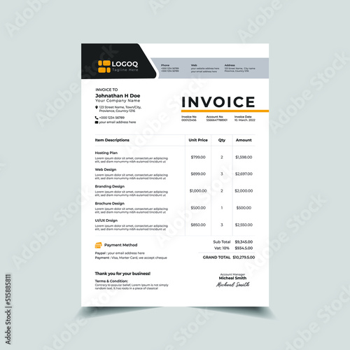 Professional corporate business invoice template design | Minimalist Modern Business Invoice Template Design
