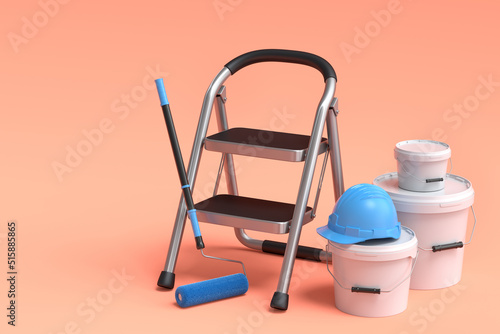 Set of folding ladder, bucket, helmet with paint rollers and brushes on orange