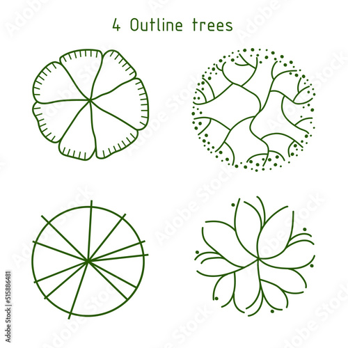Tree for architectural floor plans. Outline. Various trees, bushes, and shrubs, top view for the landscape design plan. Vector illustration.