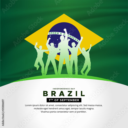 Modern Brazil Independence Day design with cheerful youth and wavy flag vector