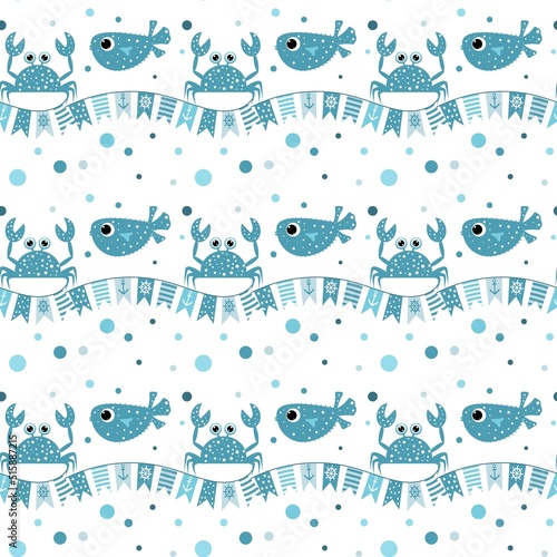 Crab, puffer fish and sea flags on a transparent background.