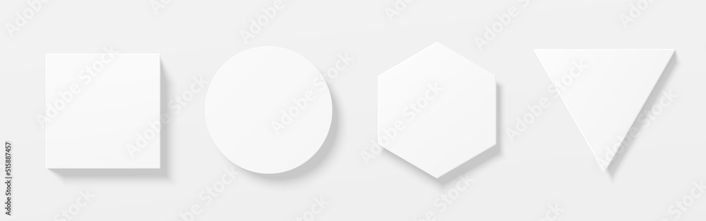 Set of white 3D round circle, square, hexagon and triangle shape board frame. Collection of isolated geometric scene for mockup product display. Top view of pedestal or podium design. Vector EPS10. Set of white 3D round circle, square, hexagon and triangle shape board frame. Collection of isolated geometric scene for mockup product display. Top view of pedestal or podium design. Vector EPS10.