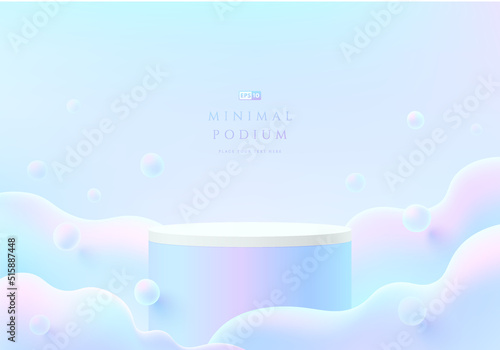 Abstract 3D room with realistic pink, blue hologram color cylinder stand podium. Pastel cloud or bubbles flying. Minimal scene for mockup product display. Vector geometric forms. Round stage showcase.
