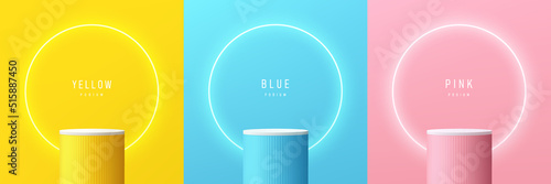 Set of yellow, blue, pink, white realistic 3d cylinder stand podium with glowing neon in circle shape. Abstract vector rendering geometric forms. Minimal scene. Stage showcase, Mockup product display.