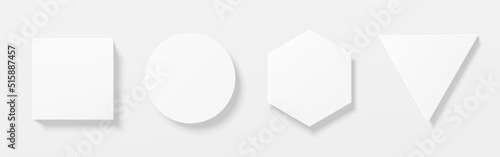 Set of white 3D round circle, square, hexagon and  triangle shape board frame. Collection of isolated geometric scene for mockup product display. Top view of pedestal or podium design. Vector EPS10.