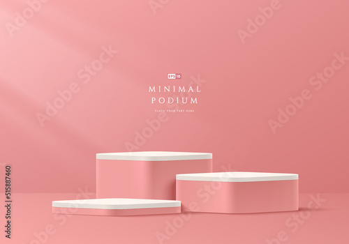 Set of coral pink and white round corner cube pedestal podium. Minimal wall scene. Pastel color abstract room design. Vector geometric rendering 3d shape for cosmetic product display. Stage showcase.