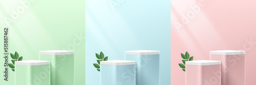 Set round corner cube stand podium with green leaf. Minimal green, blue and pink pastel scene. Abstract room design. Vector geometric rendering 3d forms for mockup product display. Stage showcase.