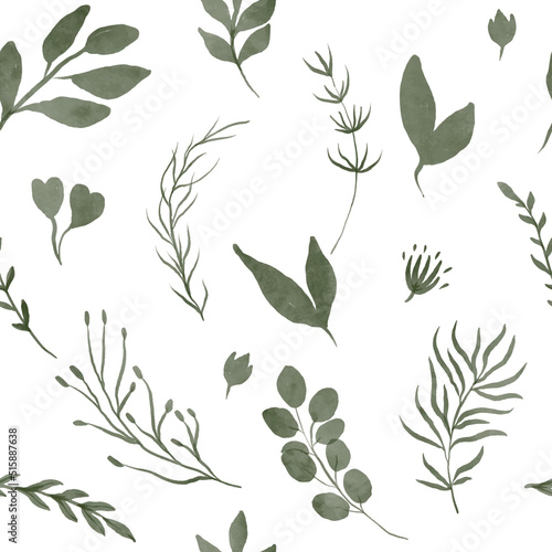 Seamless pattern of different tree  foliage natural branches  green leaves  herbs  tropical plant hand drawn watercolor Vector fresh beauty rustic eco friendly background on white.