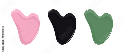 Pink quartz, black obsidian and green jade gua sha stones isolated on a white background. Facial gua sha massage tools set. Vector illustration