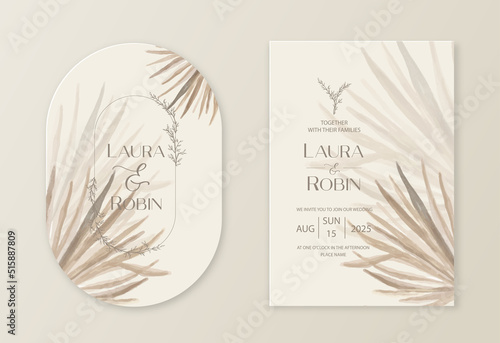Wedding dried lunaria, pampas grass floral vector card. Watercolor Exotic dried flowers, palm leaves boho invitation template. Save the Date foliage cover, modern poster, trendy design.