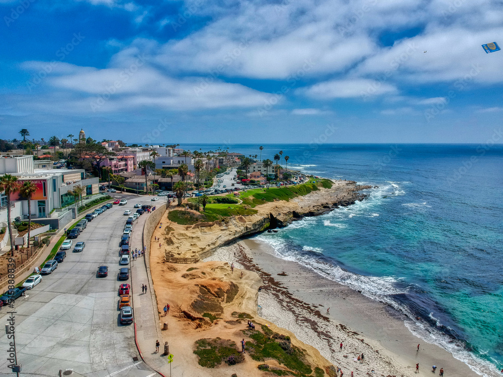 An Aerial View above the Road along the Beach in La Jolla, California 