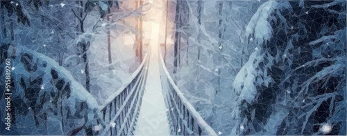 Winter Wald mit Seilbrücke. Am Ende der Brücke ist warmes goldenes Licht. Schneefall. Vektor in Low Poly Art. 