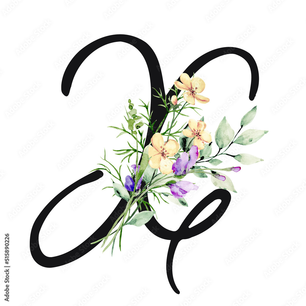 Floral alphabet, letter X with watercolor flowers and leaf. Monogram initials perfectly for