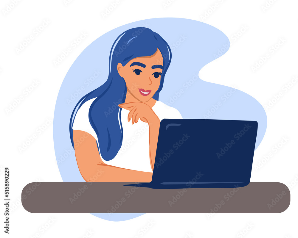Distance learning online education and work Happy woman girl working in office remotely using laptop computer. Flat vector illustration. Distance learning online education and work Happy woman girl working in office remotely using laptop computer. Flat vector illustration.