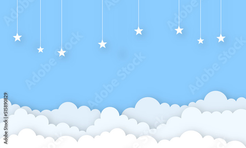 Blue sky and clouds in paper cut style with star Design for backdrop, poster, banner, template, wallpaper, advertising. Vector illustration.