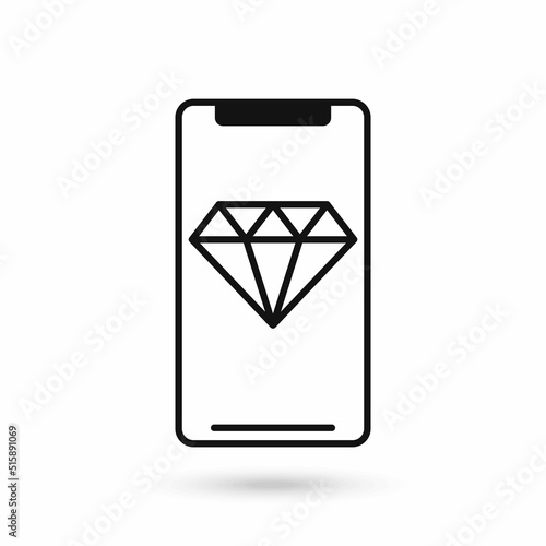 Mobile phone flat design icon with Diamond gemstone sign.
