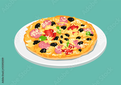 Cartoon pizza on plate. Vector illustration of fast food.
