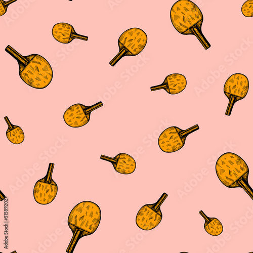 Ping pong racket sketch seamless pattern. Vintage sport elements for table tennis hand drawn style.
