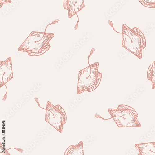 Graduate hats engraved seamless pattern. Vintage element education in hand drawn style.