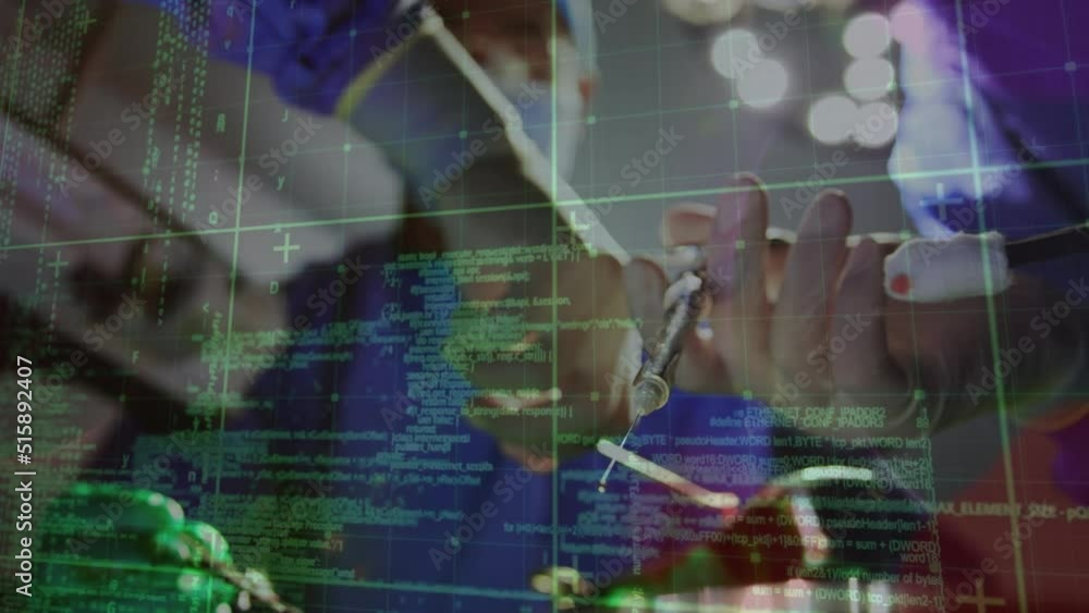Animation of data processing over caucasian surgeons during surgery Animation of data processing over caucasian surgeons during surgery