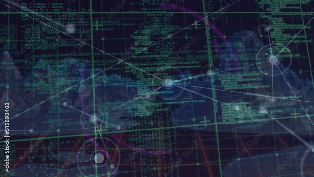 Animation of digital mountains with data processing and network of connections over black background Animation of digital mountains with data processing and network of connections over black background