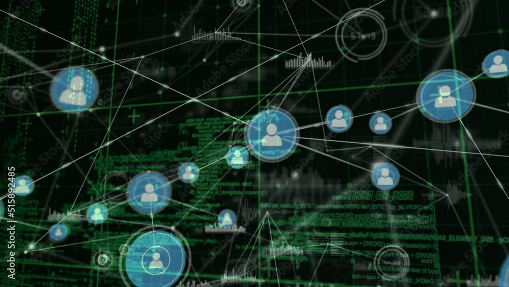 Animation of data processing and network of connections over black background Animation of data processing and network of connections over black background