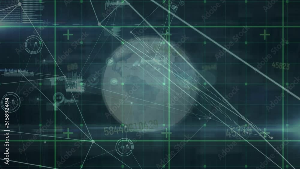 Animation of globe with data processing and network of connections over black background Animation of globe with data processing and network of connections over black background