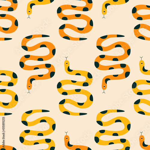 Colorful tropical snakes hand drawn vector illustration. Exotic jungle serpents seamless pattern for kids fabric or wallpaper.